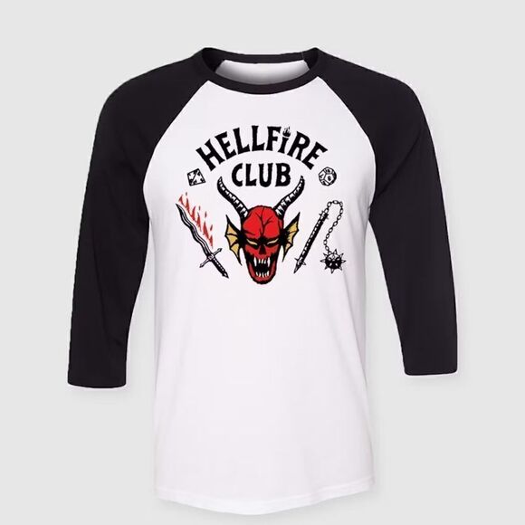 NETFLIX Stranger Things MEDIUM Hellfire 3/4 GREY  sleeved club shirt - Picture 1 of 7